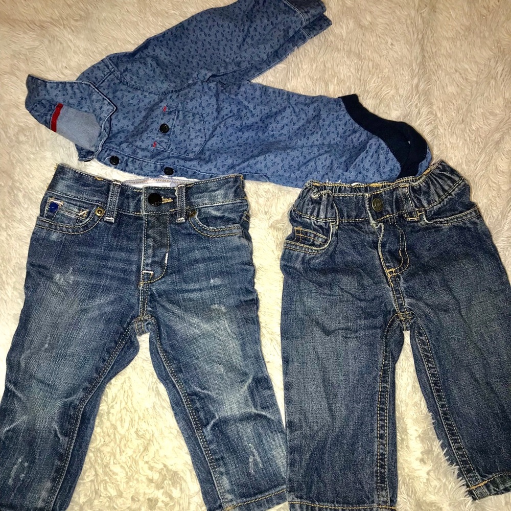 2 pair cute baby boy jeans with denim shirt